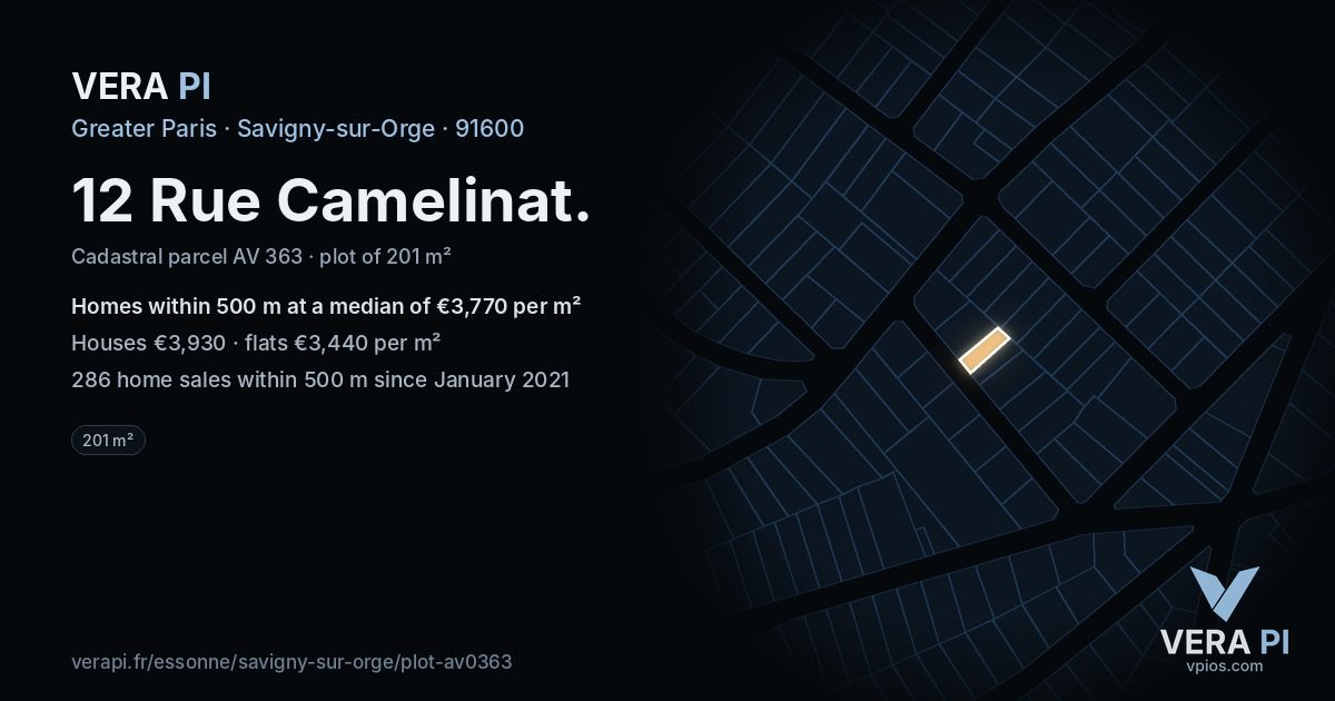 12 Rue Camelinat, Savigny-sur-Orge at night – the plot lit, the parcels around coloured by the prices near them