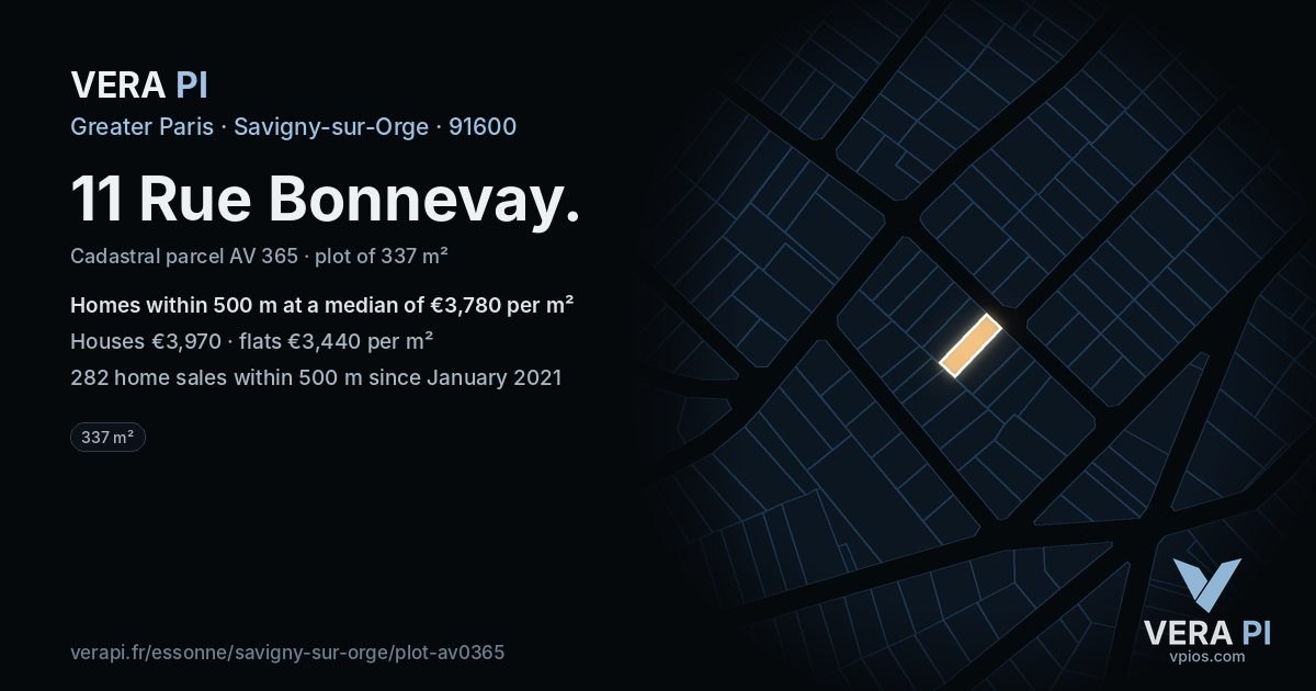 11 Rue Bonnevay, Savigny-sur-Orge at night – the plot lit, the parcels around coloured by the prices near them