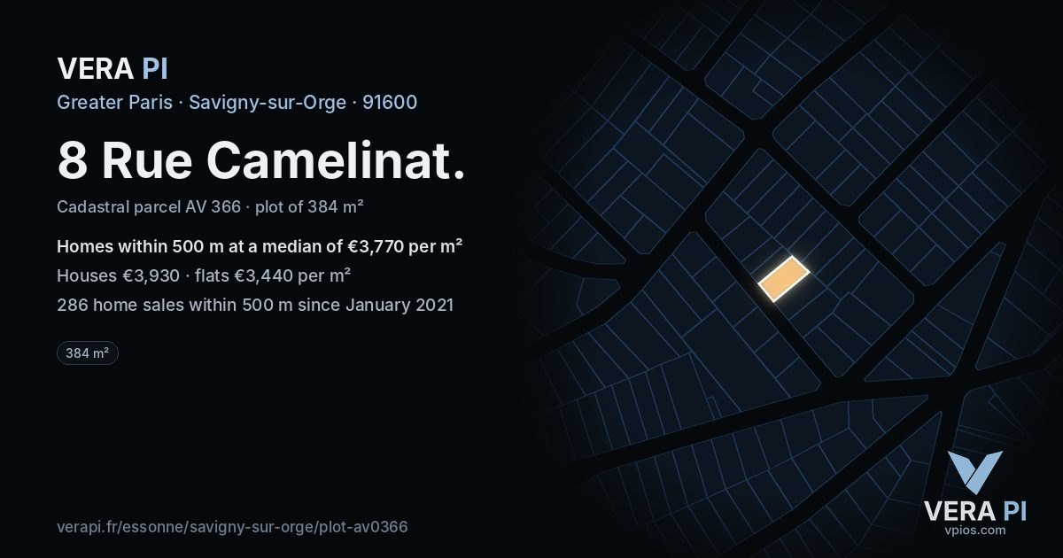 8 Rue Camelinat, Savigny-sur-Orge at night – the plot lit, the parcels around coloured by the prices near them