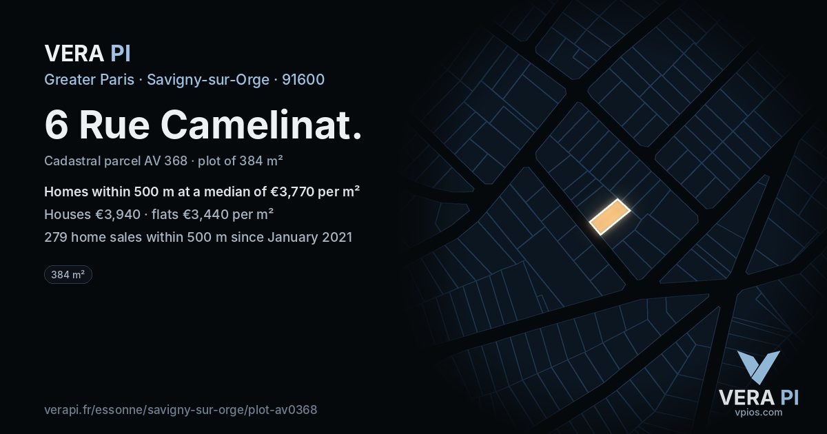 6 Rue Camelinat, Savigny-sur-Orge at night – the plot lit, the parcels around coloured by the prices near them