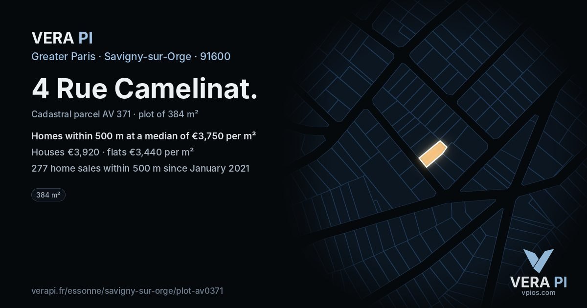 4 Rue Camelinat, Savigny-sur-Orge at night – the plot lit, the parcels around coloured by the prices near them