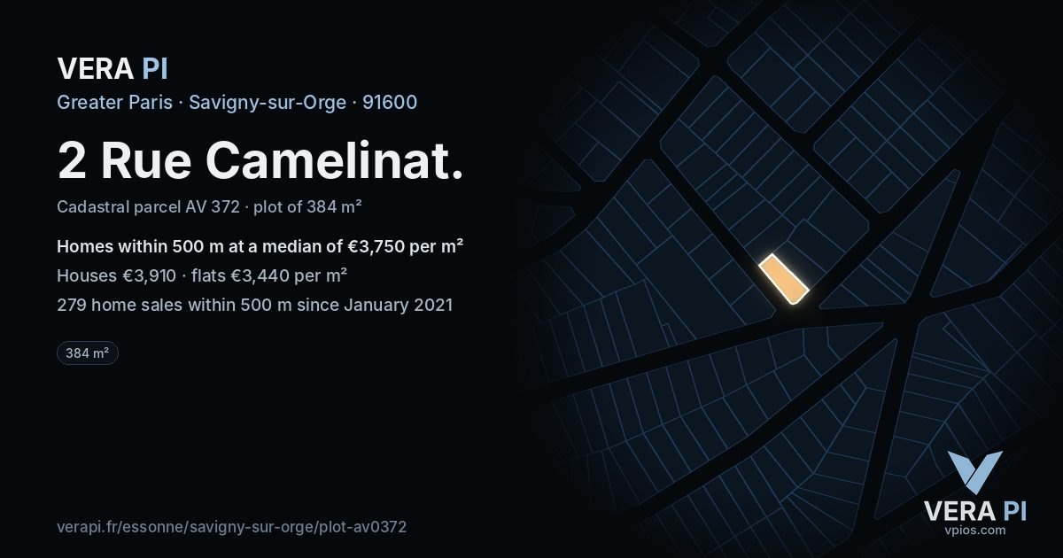 2 Rue Camelinat, Savigny-sur-Orge at night – the plot lit, the parcels around coloured by the prices near them
