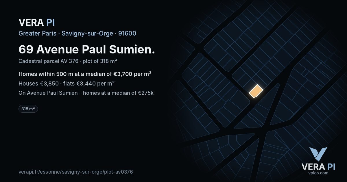 69 Avenue Paul Sumien, Savigny-sur-Orge at night – the plot lit, the parcels around coloured by the prices near them