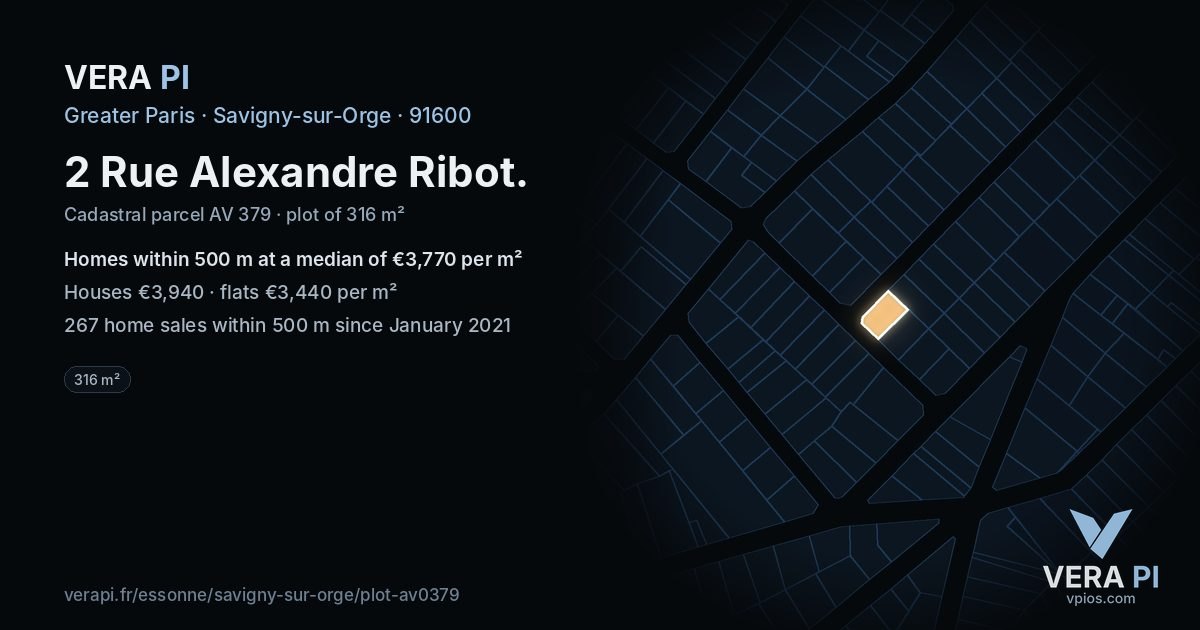 2 Rue Alexandre Ribot, Savigny-sur-Orge at night – the plot lit, the parcels around coloured by the prices near them