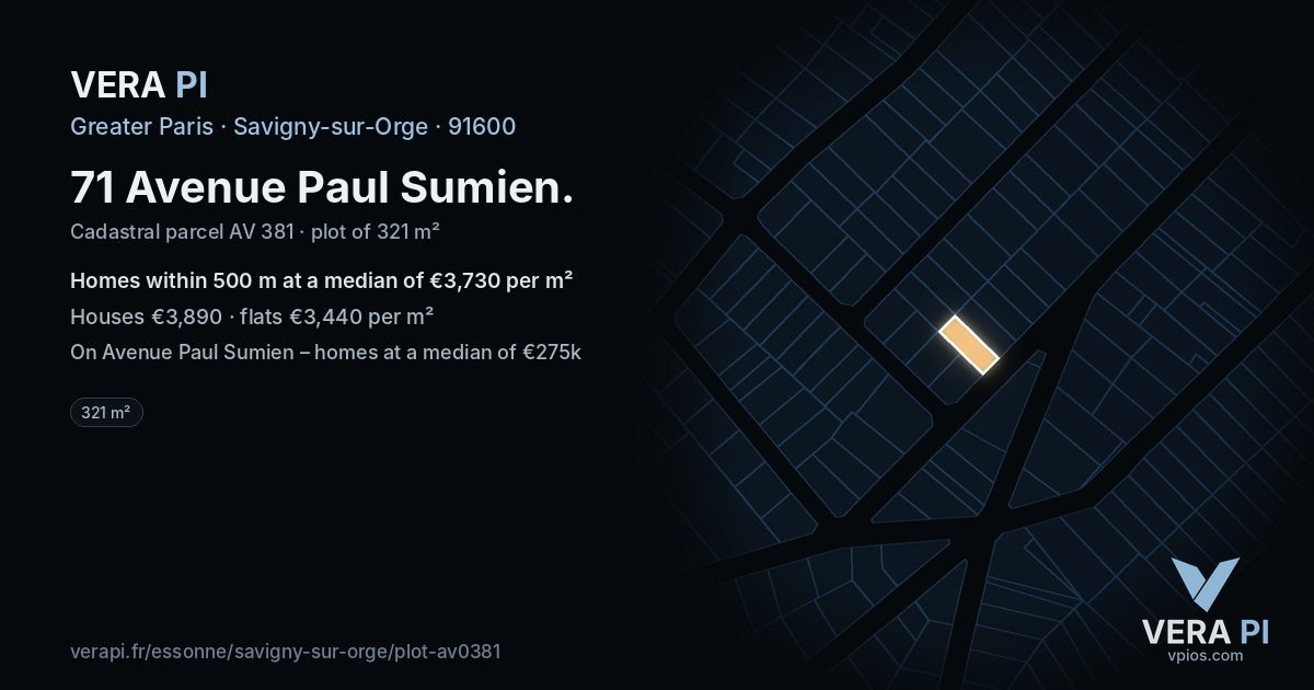 71 Avenue Paul Sumien, Savigny-sur-Orge at night – the plot lit, the parcels around coloured by the prices near them