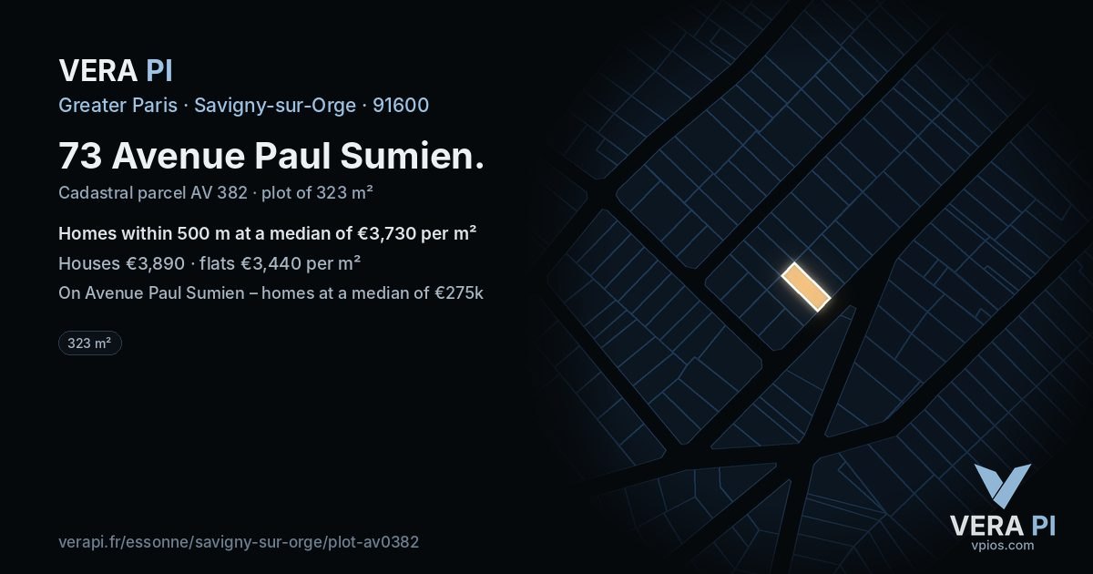 73 Avenue Paul Sumien, Savigny-sur-Orge at night – the plot lit, the parcels around coloured by the prices near them