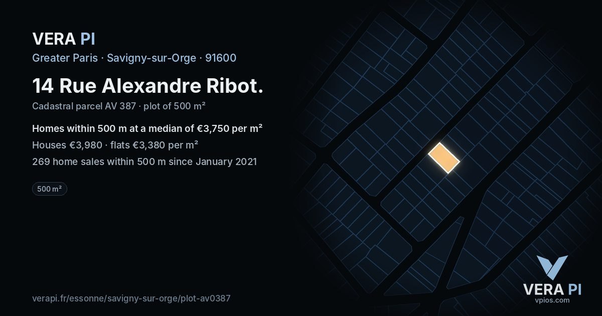14 Rue Alexandre Ribot, Savigny-sur-Orge at night – the plot lit, the parcels around coloured by the prices near them