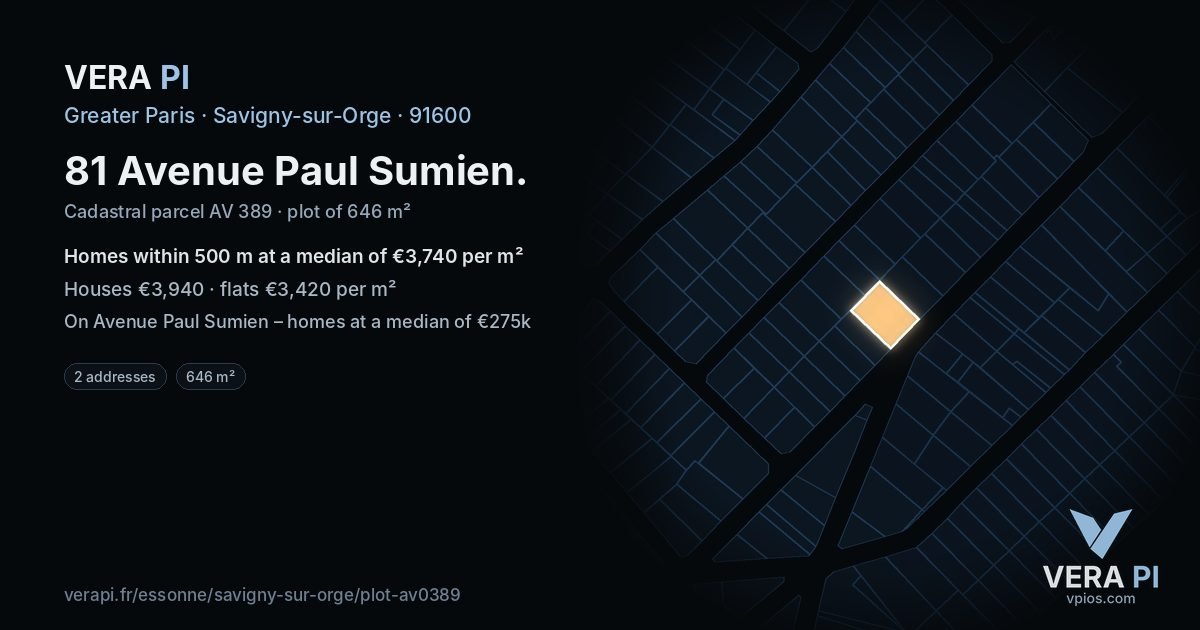 81 Avenue Paul Sumien, Savigny-sur-Orge at night – the plot lit, the parcels around coloured by the prices near them
