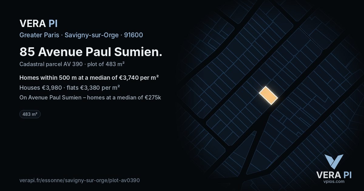 85 Avenue Paul Sumien, Savigny-sur-Orge at night – the plot lit, the parcels around coloured by the prices near them