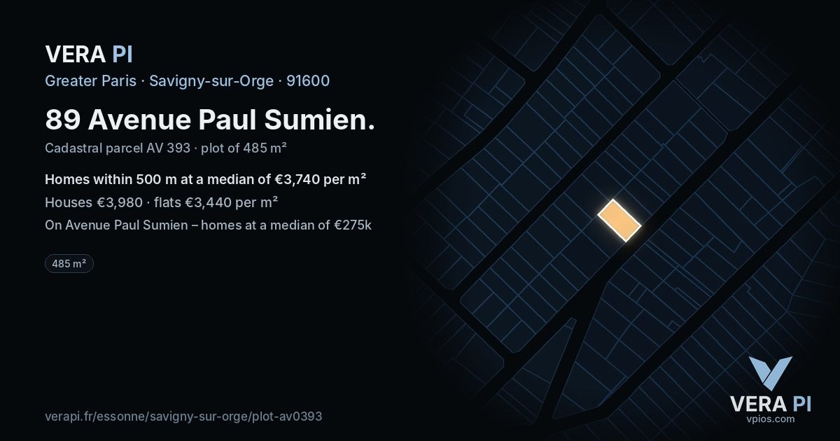 89 Avenue Paul Sumien, Savigny-sur-Orge at night – the plot lit, the parcels around coloured by the prices near them