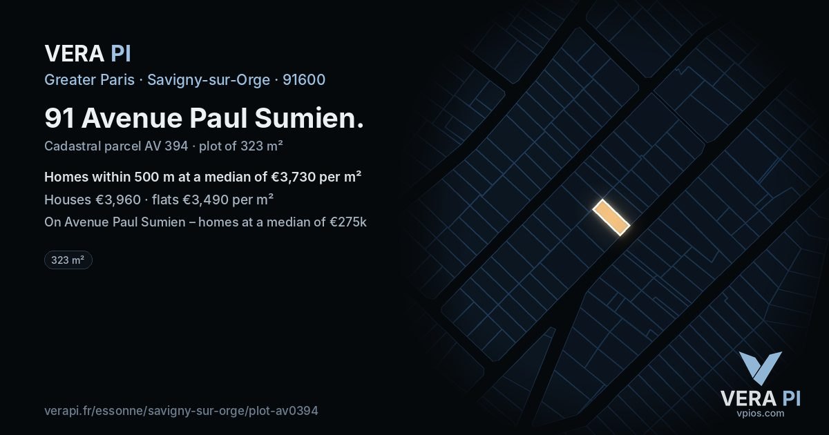 91 Avenue Paul Sumien, Savigny-sur-Orge at night – the plot lit, the parcels around coloured by the prices near them
