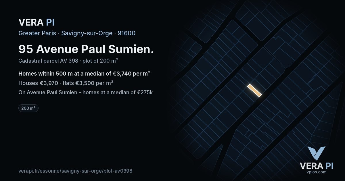95 Avenue Paul Sumien, Savigny-sur-Orge at night – the plot lit, the parcels around coloured by the prices near them