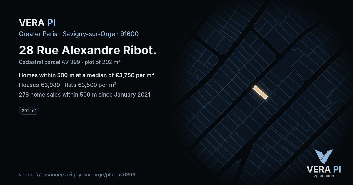 28 Rue Alexandre Ribot, Savigny-sur-Orge at night – the plot lit, the parcels around coloured by the prices near them