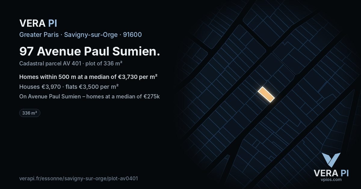 97 Avenue Paul Sumien, Savigny-sur-Orge at night – the plot lit, the parcels around coloured by the prices near them
