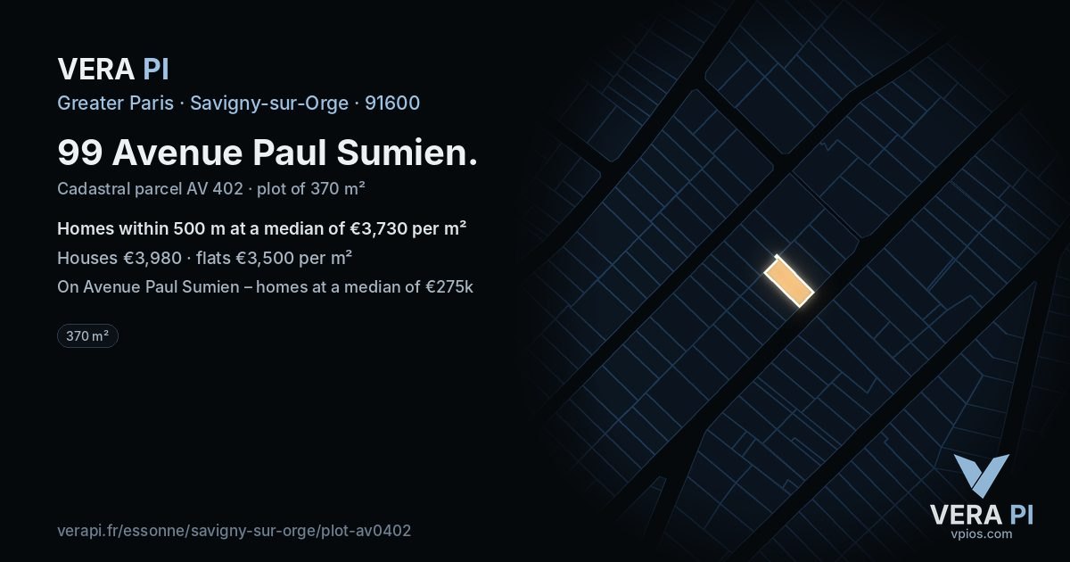 99 Avenue Paul Sumien, Savigny-sur-Orge at night – the plot lit, the parcels around coloured by the prices near them