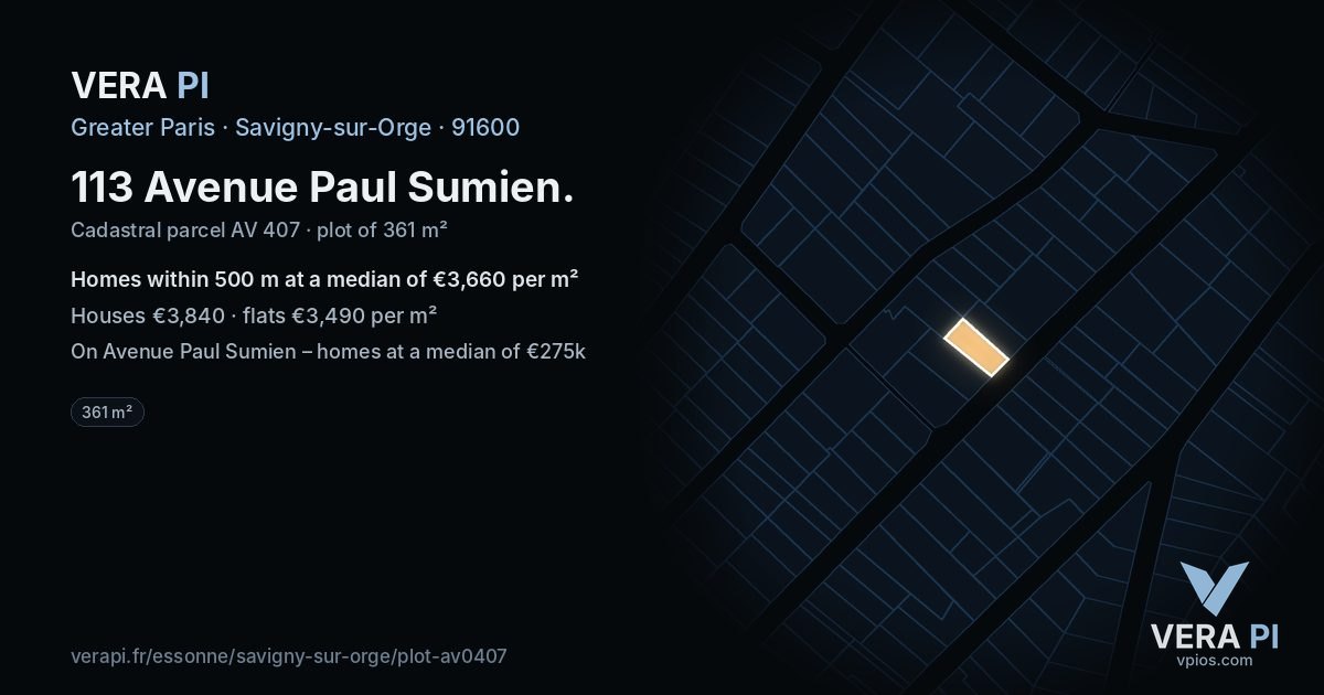 113 Avenue Paul Sumien, Savigny-sur-Orge at night – the plot lit, the parcels around coloured by the prices near them