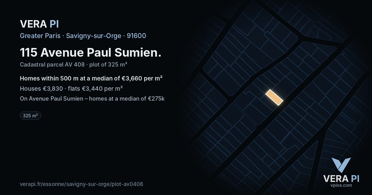 115 Avenue Paul Sumien, Savigny-sur-Orge at night – the plot lit, the parcels around coloured by the prices near them