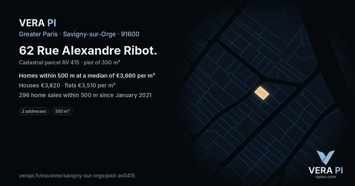 62 Rue Alexandre Ribot, Savigny-sur-Orge at night – the plot lit, the parcels around coloured by the prices near them