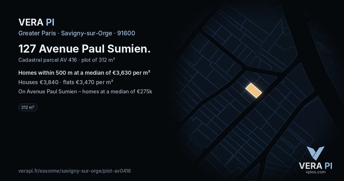 127 Avenue Paul Sumien, Savigny-sur-Orge at night – the plot lit, the parcels around coloured by the prices near them
