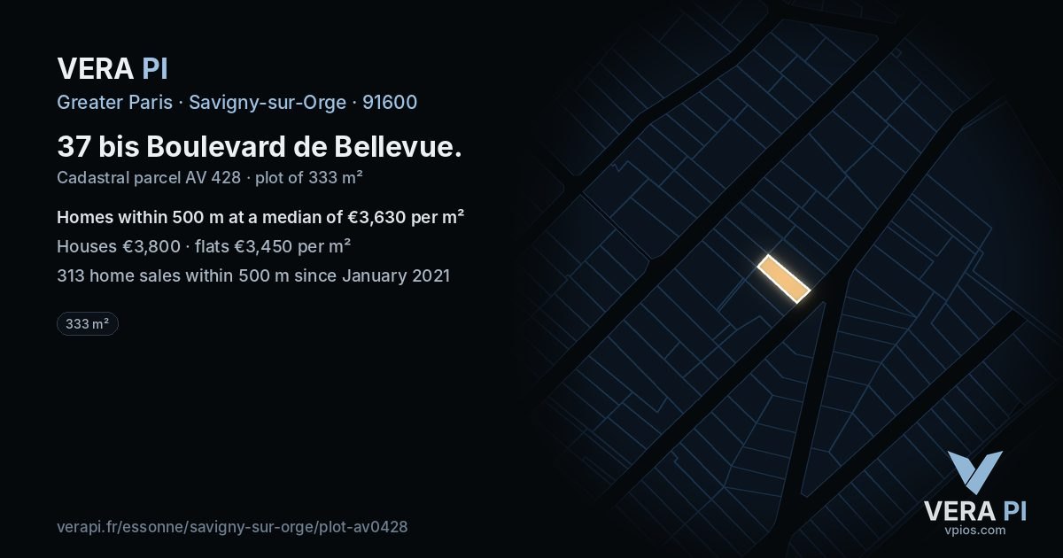 37 bis Boulevard de Bellevue, Savigny-sur-Orge at night – the plot lit, the parcels around coloured by the prices near them