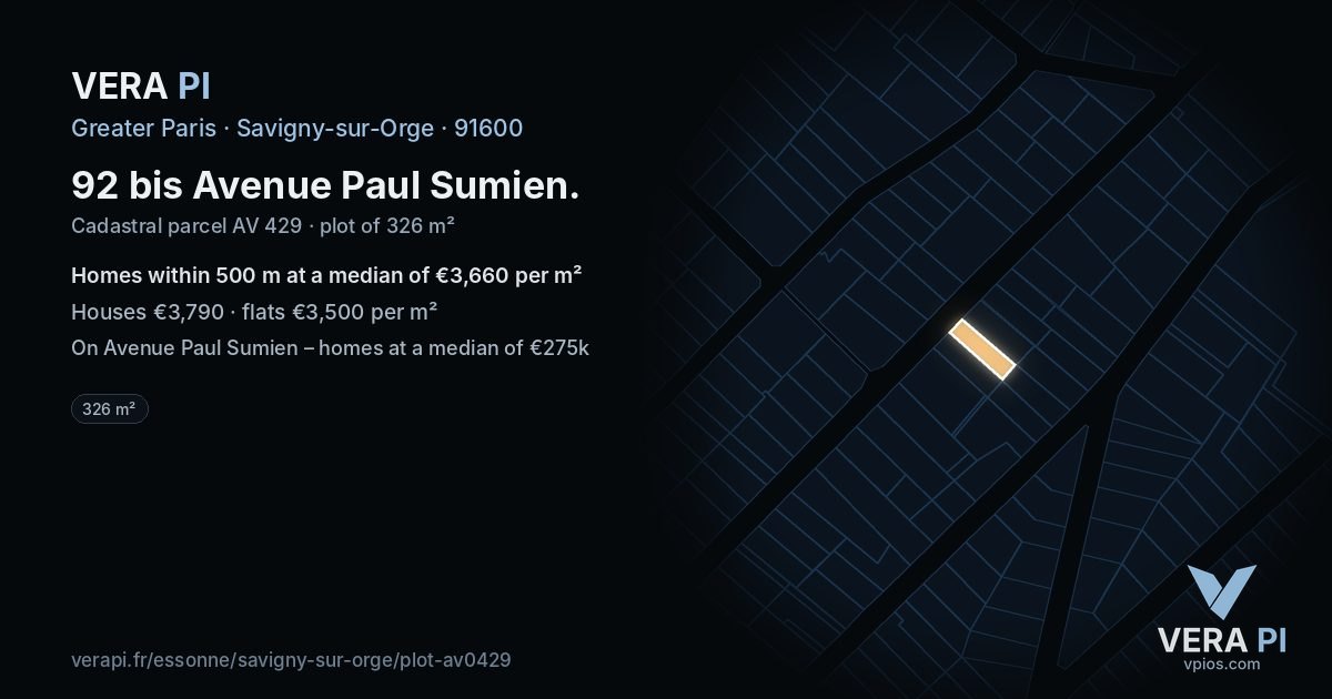 92 bis Avenue Paul Sumien, Savigny-sur-Orge at night – the plot lit, the parcels around coloured by the prices near them