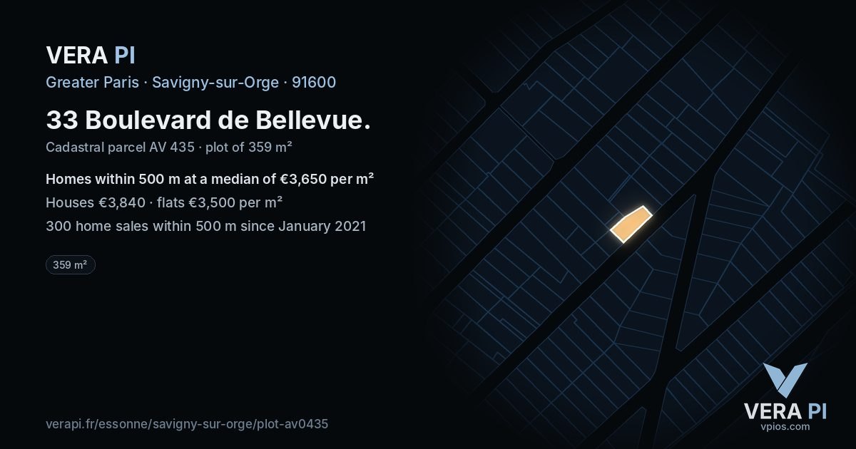 33 Boulevard de Bellevue, Savigny-sur-Orge at night – the plot lit, the parcels around coloured by the prices near them