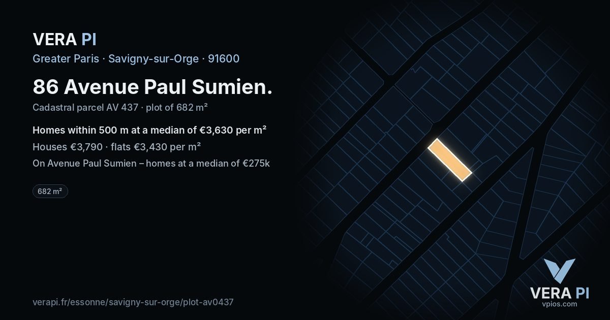 86 Avenue Paul Sumien, Savigny-sur-Orge at night – the plot lit, the parcels around coloured by the prices near them