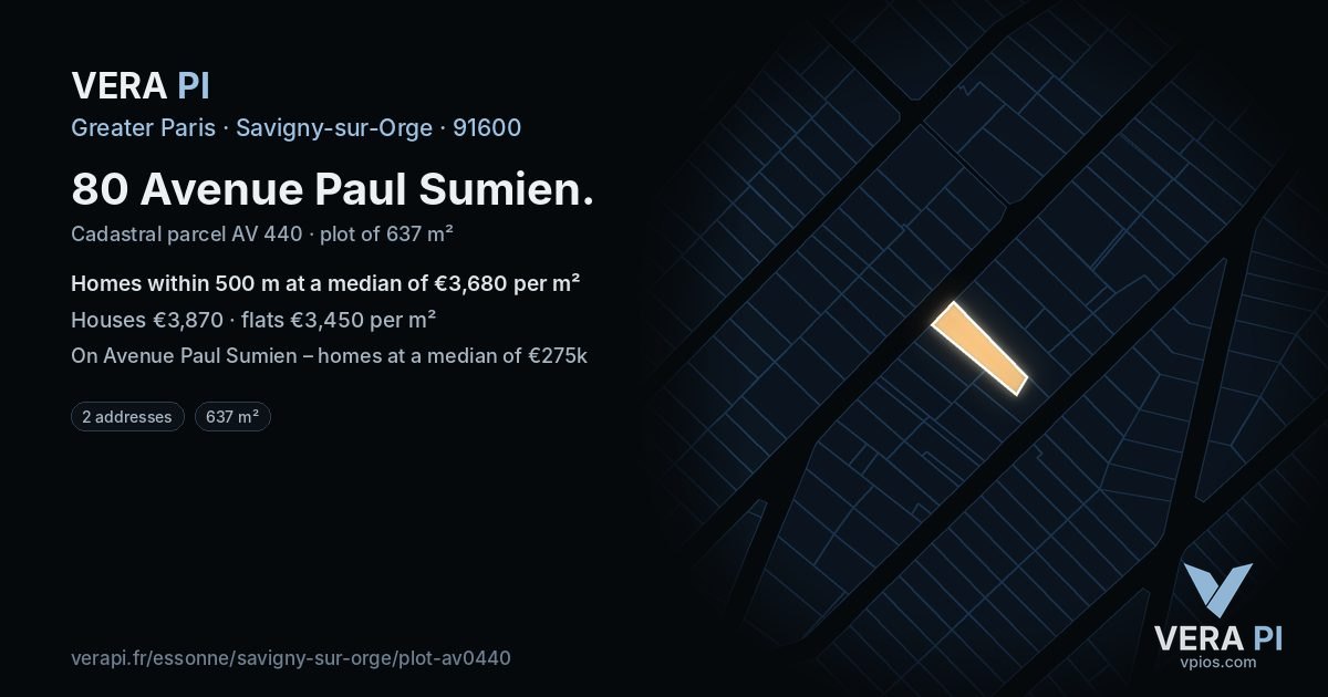 80 Avenue Paul Sumien, Savigny-sur-Orge at night – the plot lit, the parcels around coloured by the prices near them