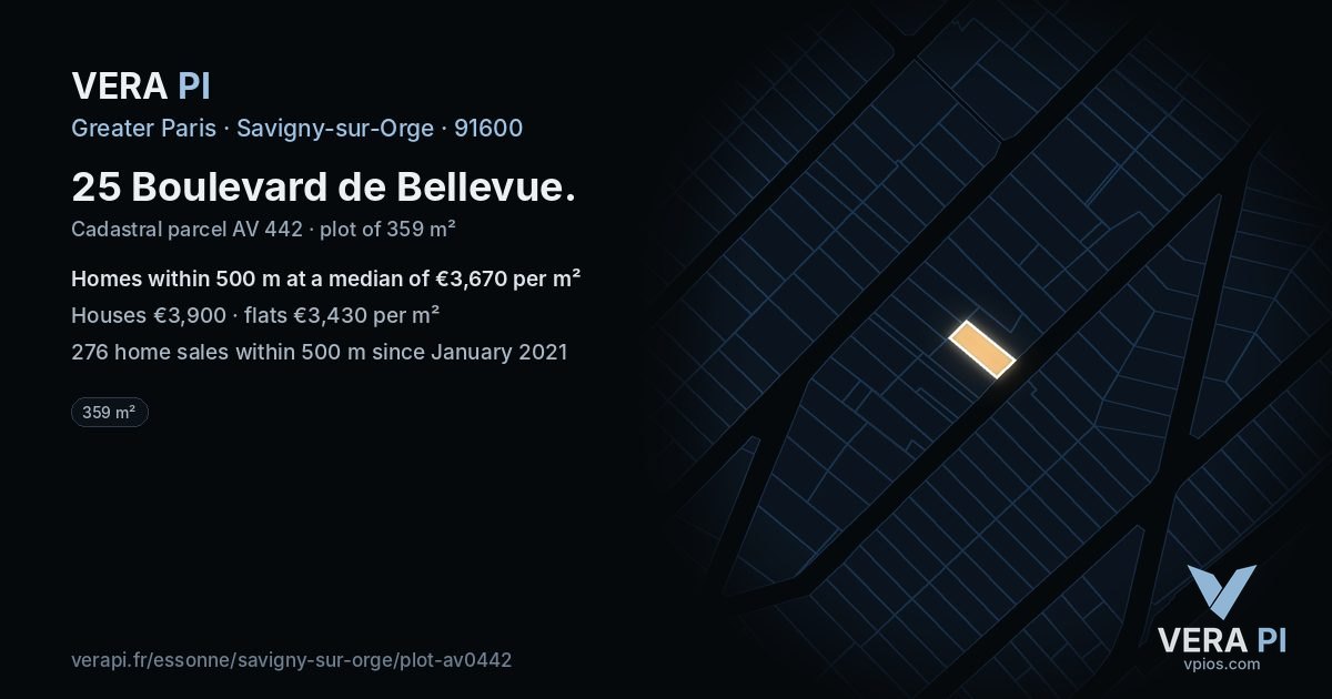 25 Boulevard de Bellevue, Savigny-sur-Orge at night – the plot lit, the parcels around coloured by the prices near them