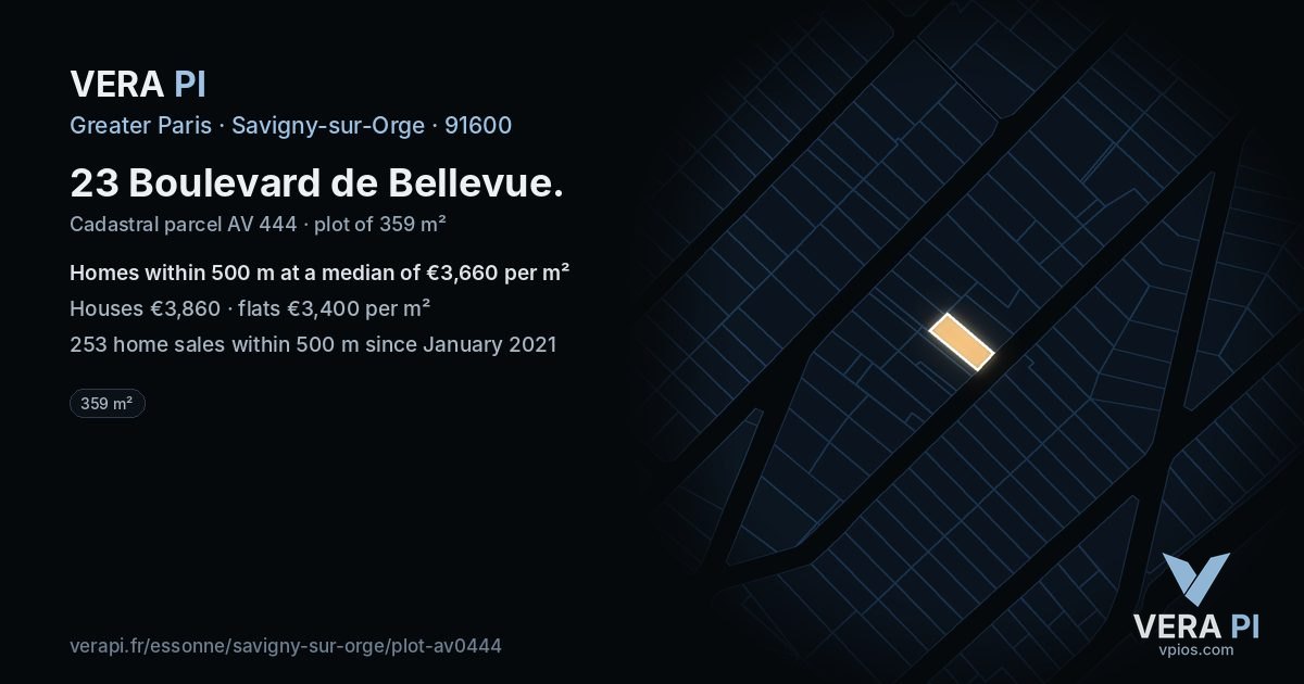 23 Boulevard de Bellevue, Savigny-sur-Orge at night – the plot lit, the parcels around coloured by the prices near them