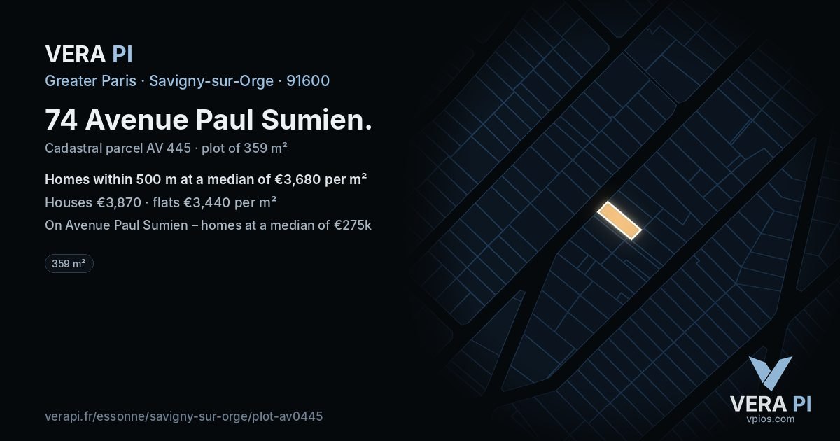 74 Avenue Paul Sumien, Savigny-sur-Orge at night – the plot lit, the parcels around coloured by the prices near them