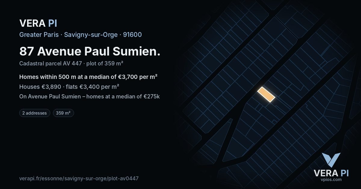 87 Avenue Paul Sumien, Savigny-sur-Orge at night – the plot lit, the parcels around coloured by the prices near them