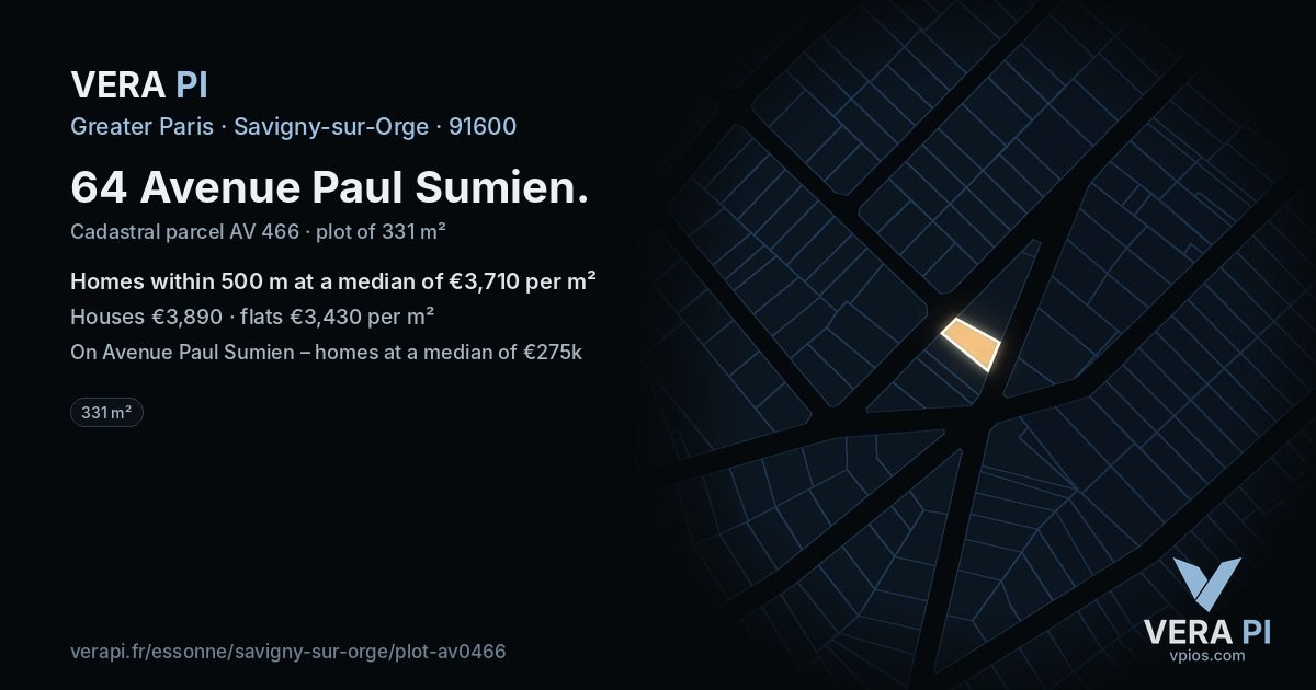 64 Avenue Paul Sumien, Savigny-sur-Orge at night – the plot lit, the parcels around coloured by the prices near them