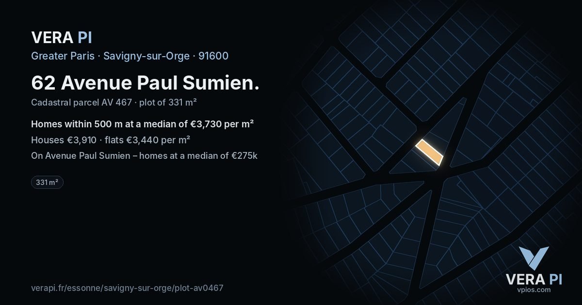 62 Avenue Paul Sumien, Savigny-sur-Orge at night – the plot lit, the parcels around coloured by the prices near them