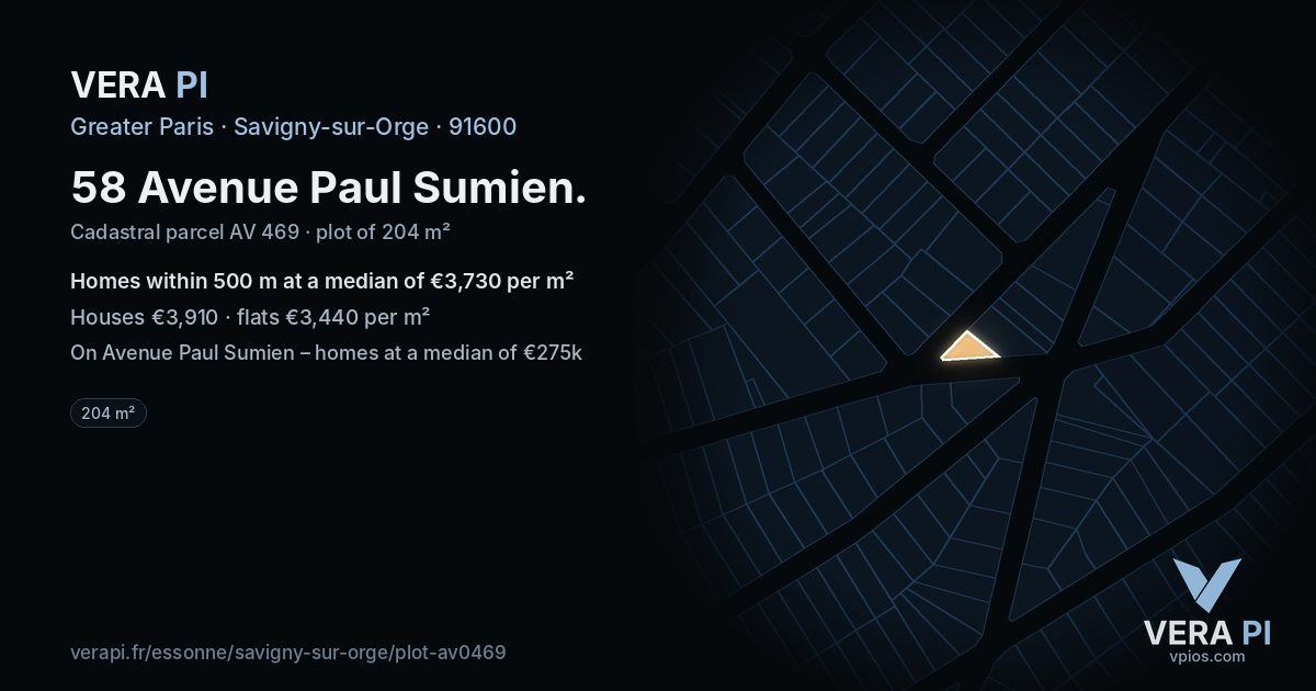58 Avenue Paul Sumien, Savigny-sur-Orge at night – the plot lit, the parcels around coloured by the prices near them