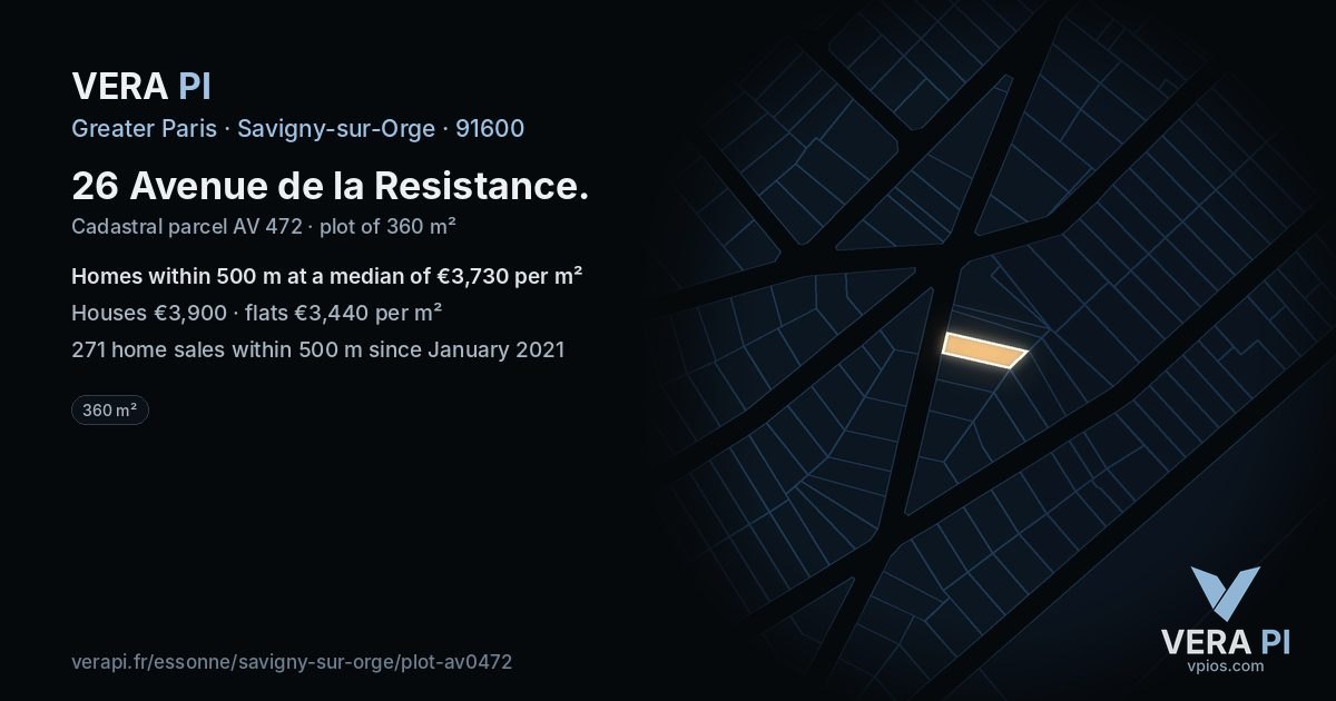 26 Avenue de la Resistance, Savigny-sur-Orge at night – the plot lit, the parcels around coloured by the prices near them