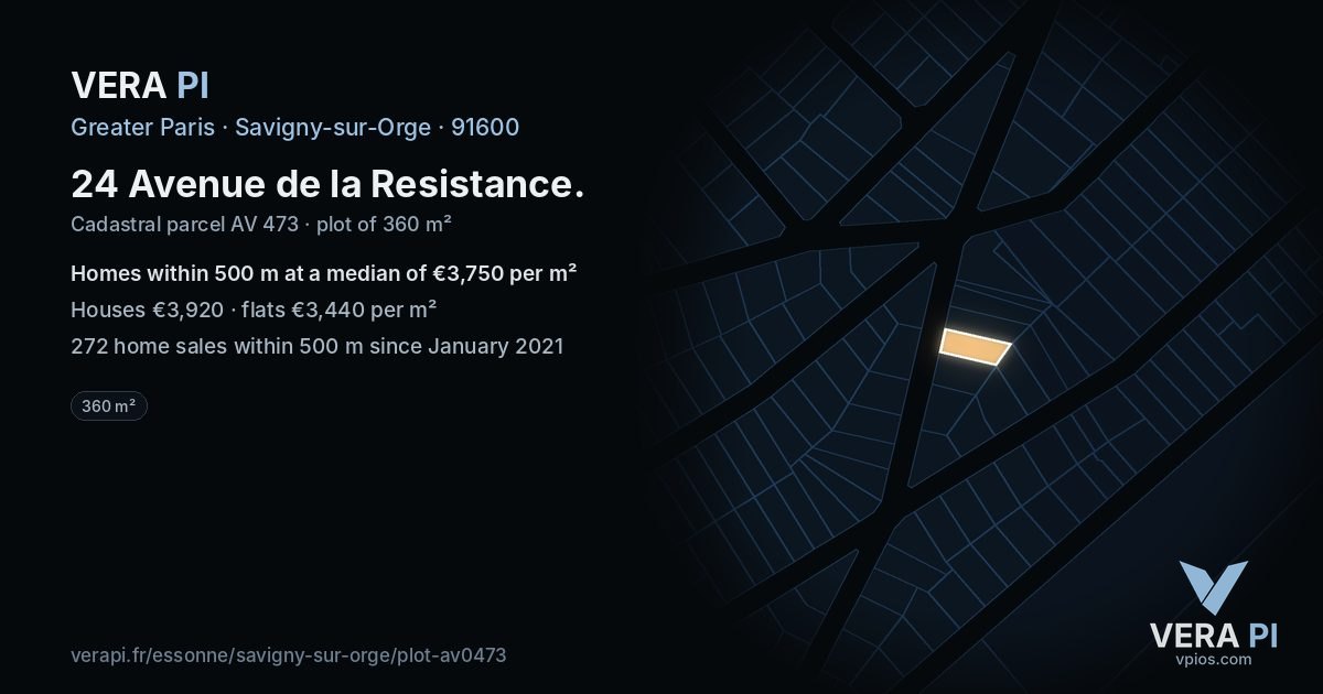 24 Avenue de la Resistance, Savigny-sur-Orge at night – the plot lit, the parcels around coloured by the prices near them