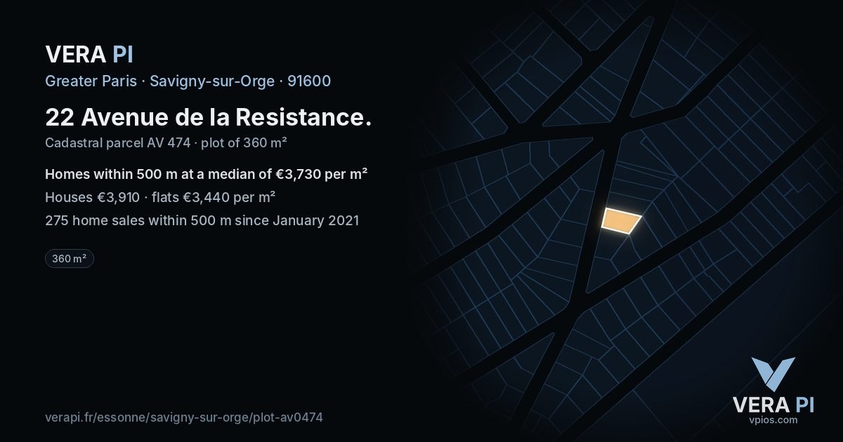 22 Avenue de la Resistance, Savigny-sur-Orge at night – the plot lit, the parcels around coloured by the prices near them