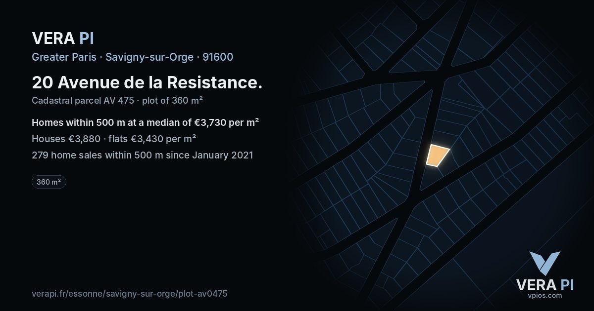20 Avenue de la Resistance, Savigny-sur-Orge at night – the plot lit, the parcels around coloured by the prices near them