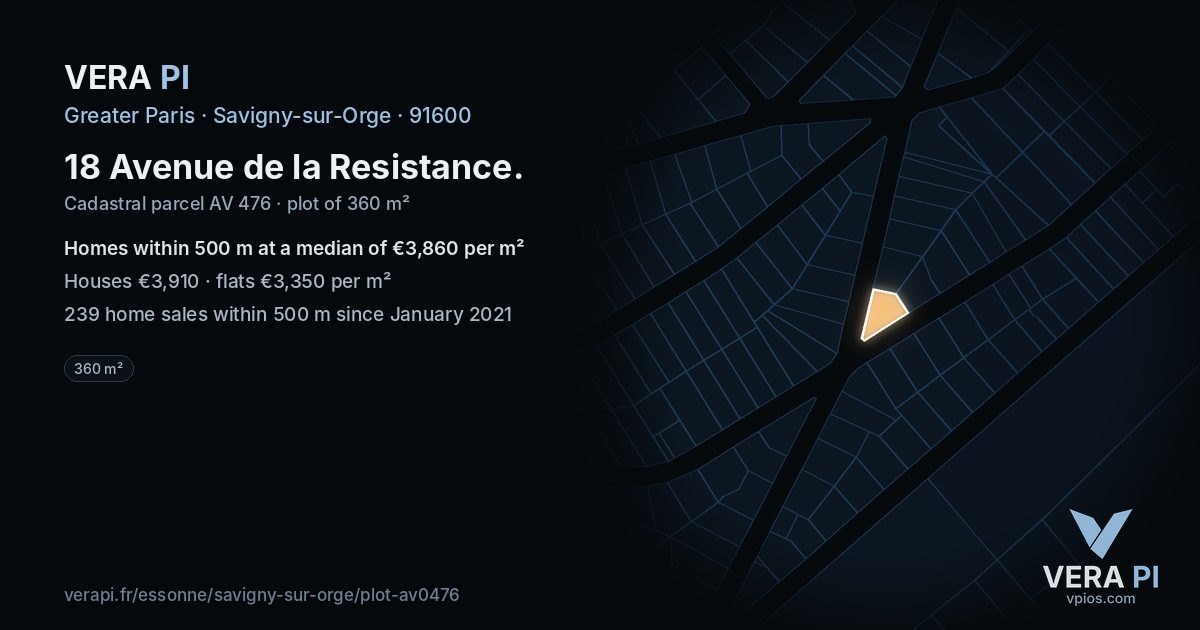 18 Avenue de la Resistance, Savigny-sur-Orge at night – the plot lit, the parcels around coloured by the prices near them