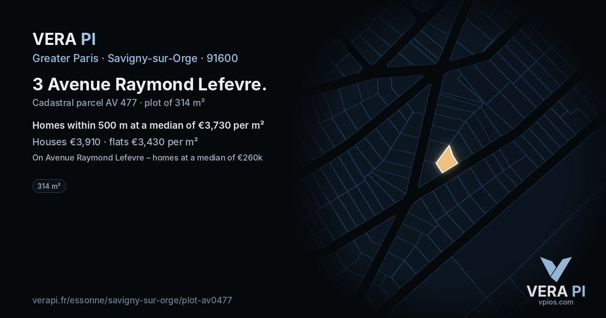 3 Avenue Raymond Lefevre, Savigny-sur-Orge at night – the plot lit, the parcels around coloured by the prices near them