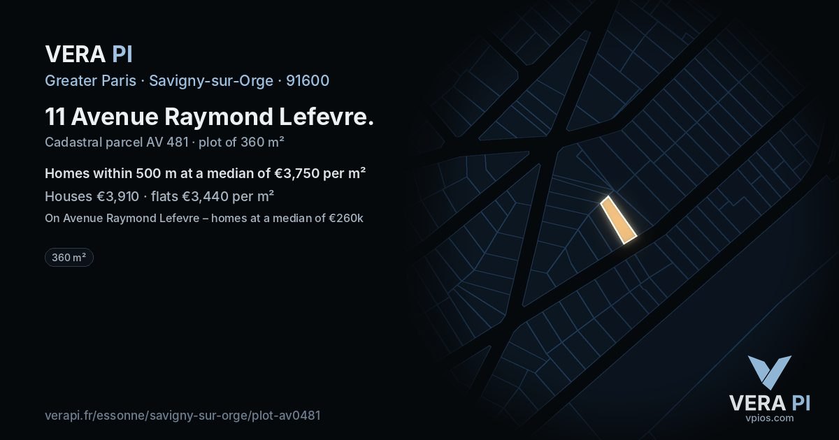 11 Avenue Raymond Lefevre, Savigny-sur-Orge at night – the plot lit, the parcels around coloured by the prices near them