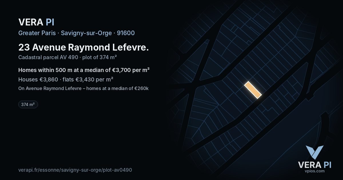 23 Avenue Raymond Lefevre, Savigny-sur-Orge at night – the plot lit, the parcels around coloured by the prices near them
