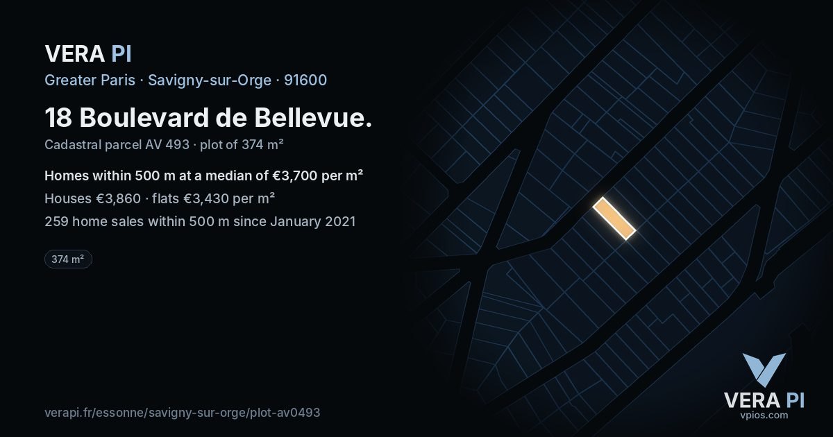 18 Boulevard de Bellevue, Savigny-sur-Orge at night – the plot lit, the parcels around coloured by the prices near them