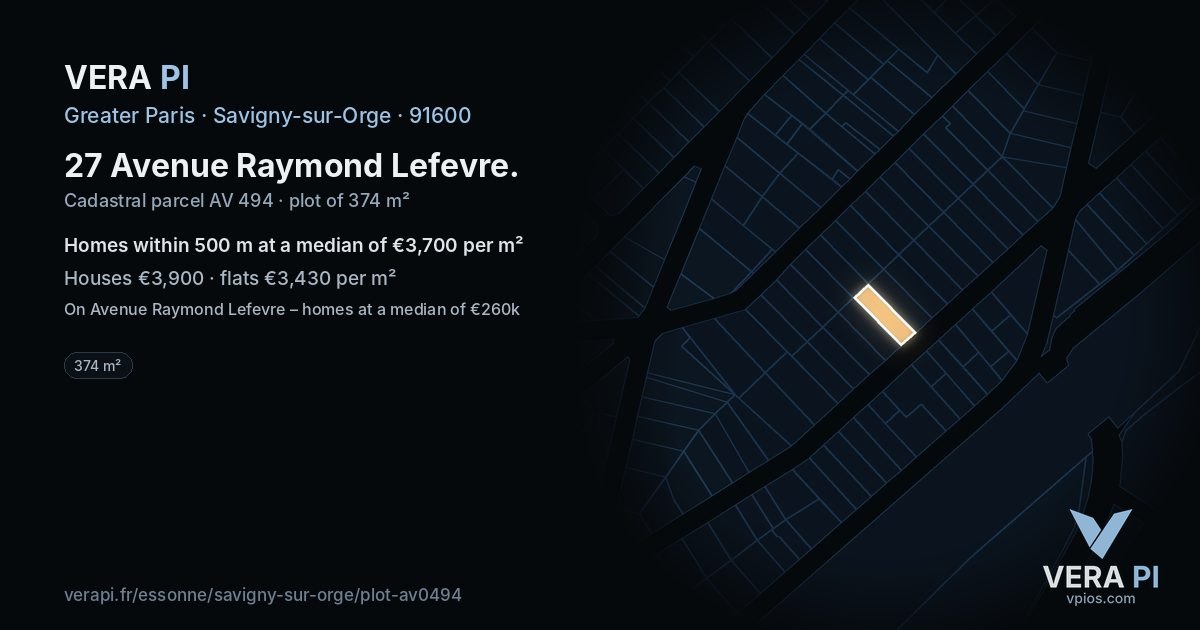 27 Avenue Raymond Lefevre, Savigny-sur-Orge at night – the plot lit, the parcels around coloured by the prices near them