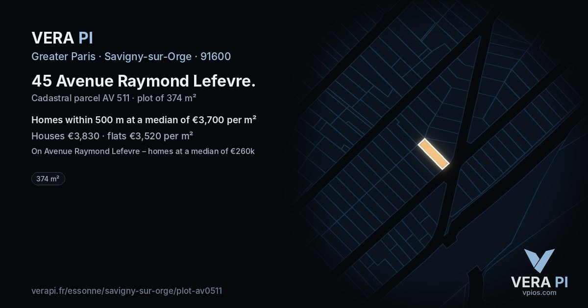 45 Avenue Raymond Lefevre, Savigny-sur-Orge at night – the plot lit, the parcels around coloured by the prices near them