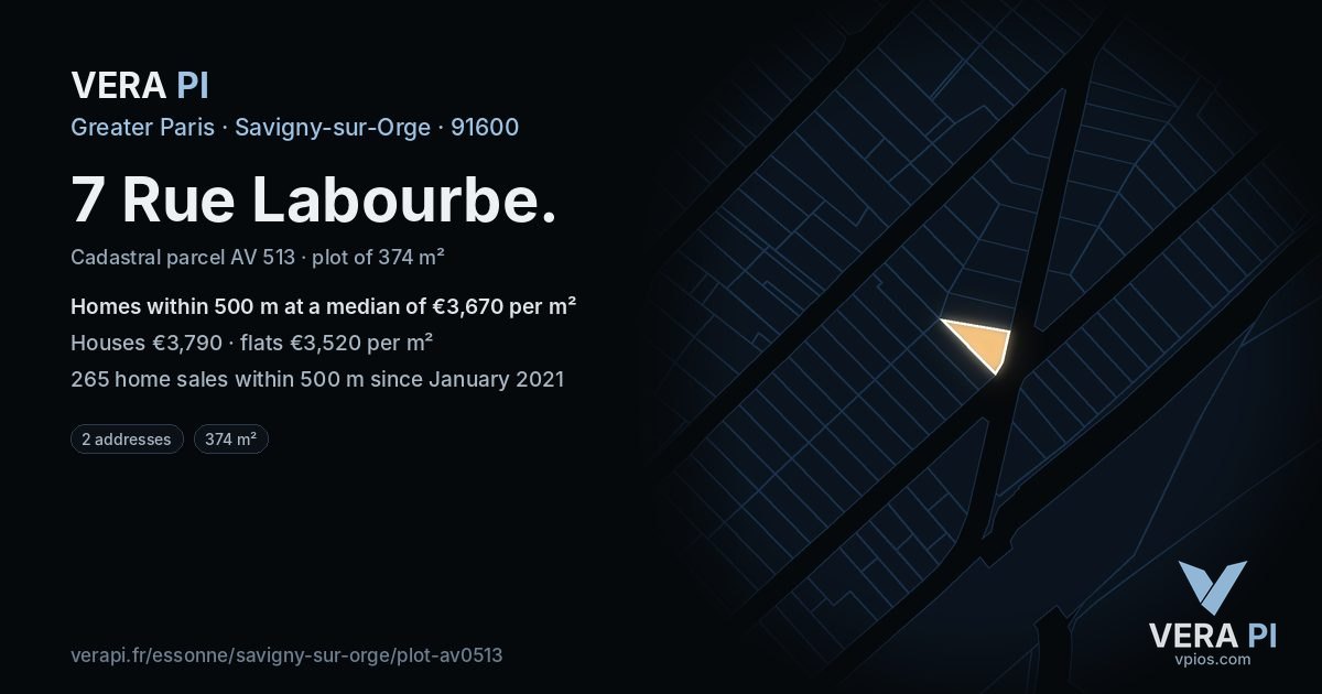 7 Rue Labourbe, Savigny-sur-Orge at night – the plot lit, the parcels around coloured by the prices near them