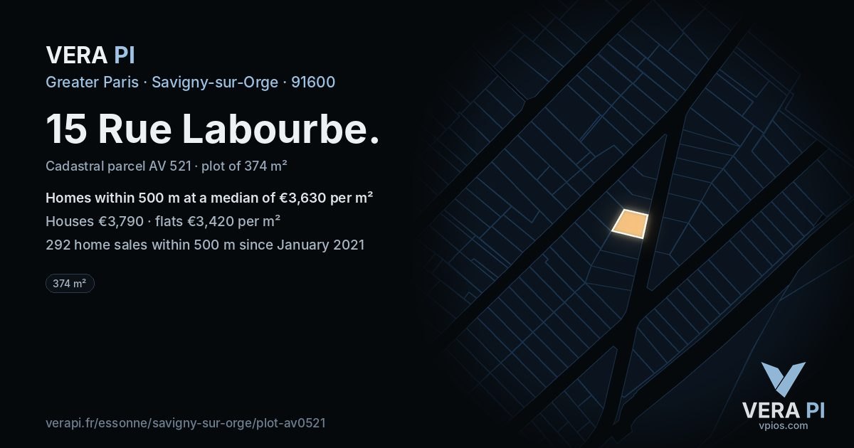 15 Rue Labourbe, Savigny-sur-Orge at night – the plot lit, the parcels around coloured by the prices near them