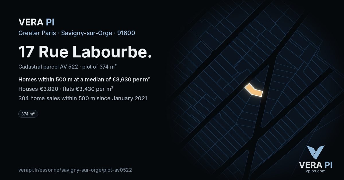 17 Rue Labourbe, Savigny-sur-Orge at night – the plot lit, the parcels around coloured by the prices near them