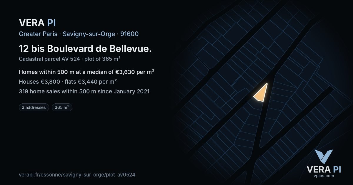 12 bis Boulevard de Bellevue, Savigny-sur-Orge at night – the plot lit, the parcels around coloured by the prices near them